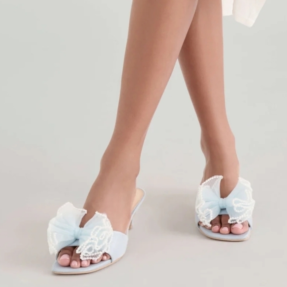 💙🔹️Dolce Vita 🔹️Light Blue Satin NARITA faux Pearl Heels - Picture 7 of 12